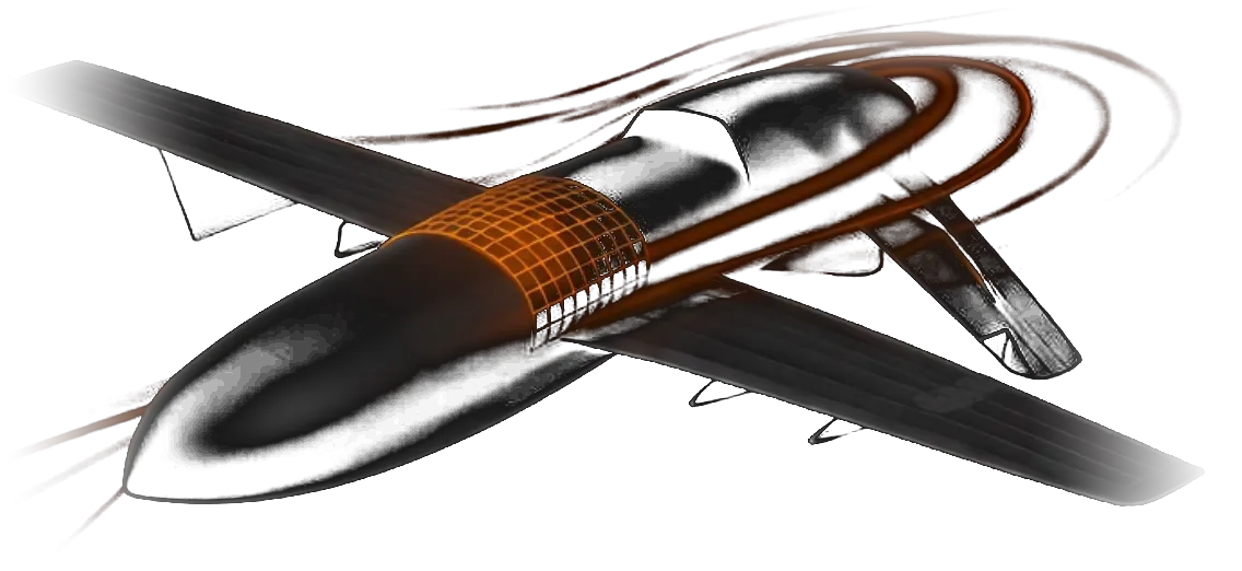 A UAV airframe with a conformal electronically-scanned-array antenna integrated into its skin as an orange grid panel, emitting RF beams.