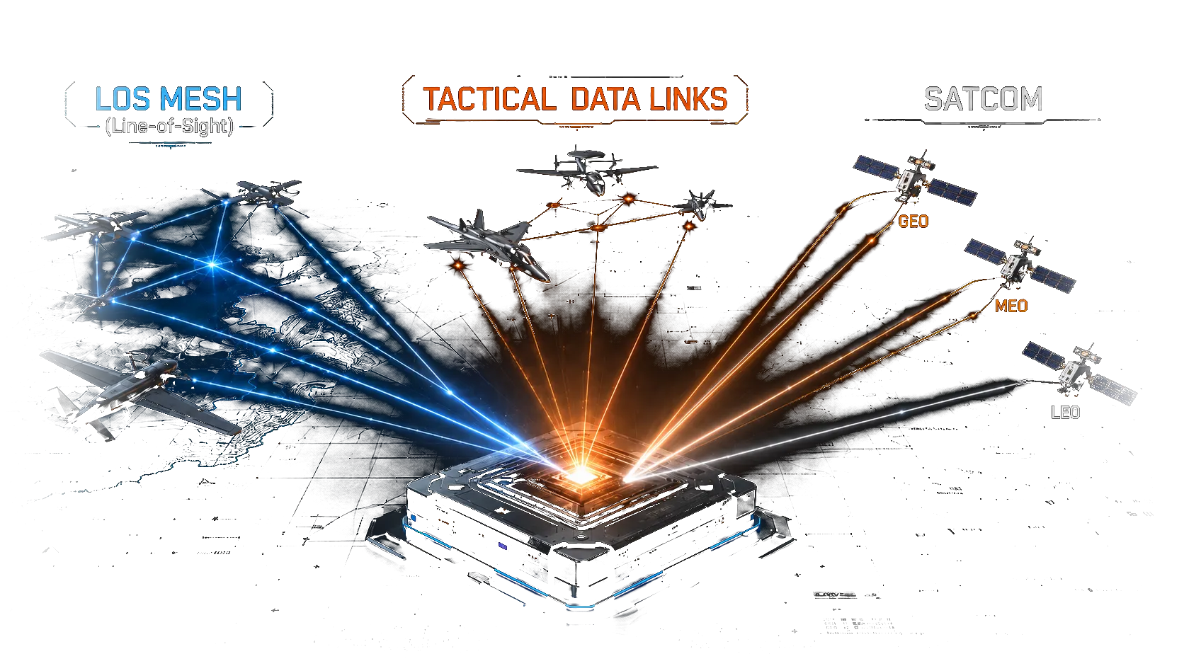 Connectivity layer routing across line-of-sight mesh, tactical data links, and multi-orbit SATCOM (GEO, MEO, LEO) from a central ground node.