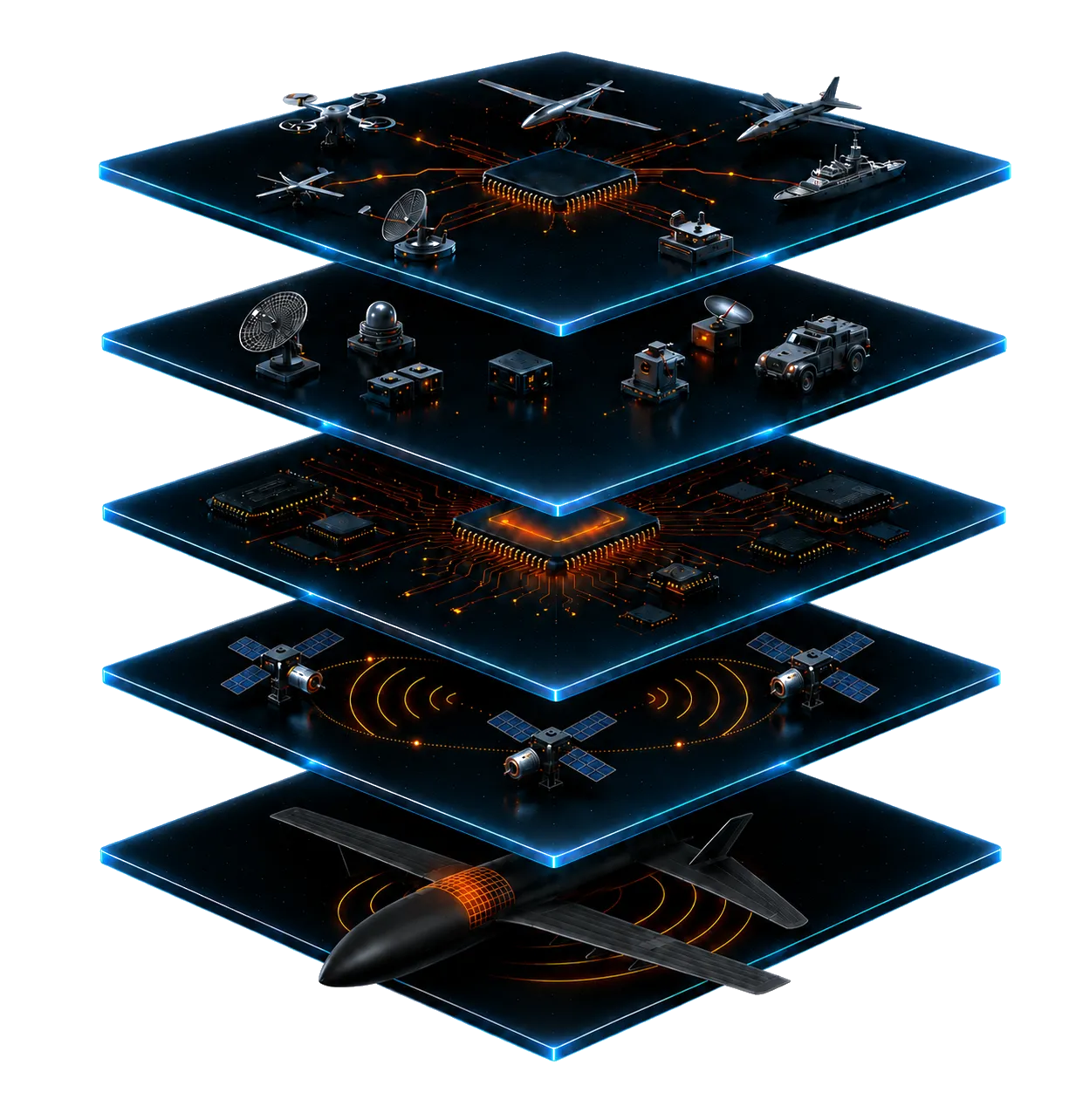 The 5-layer autonomous control stack rendered as five stacked translucent platforms — multi-domain platforms on top, through sensors, edge compute, and connectivity, down to the conformal-antenna airframe at the base.