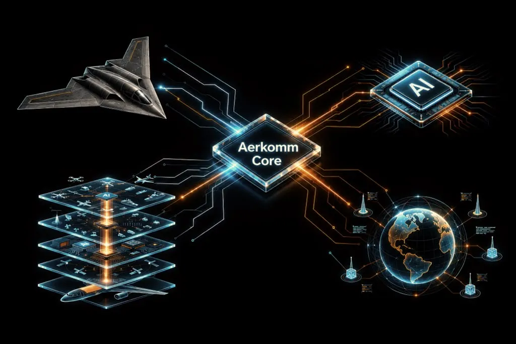 The integration layer — a central processing core linking a stealth aircraft, a layered multi-domain force stack, an AI compute module, and a global connectivity sphere via signal pathways.