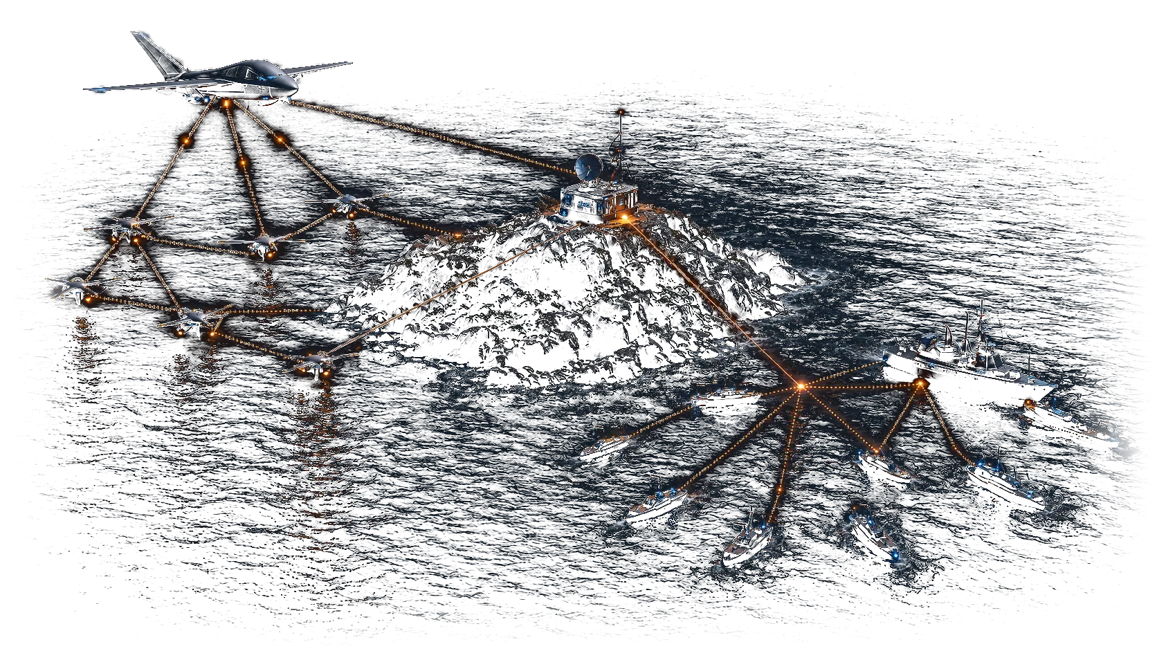 A distributed swarm of autonomous aircraft and naval craft self-organizing through a coastal relay node, coordinated as one orchestrated force at night.